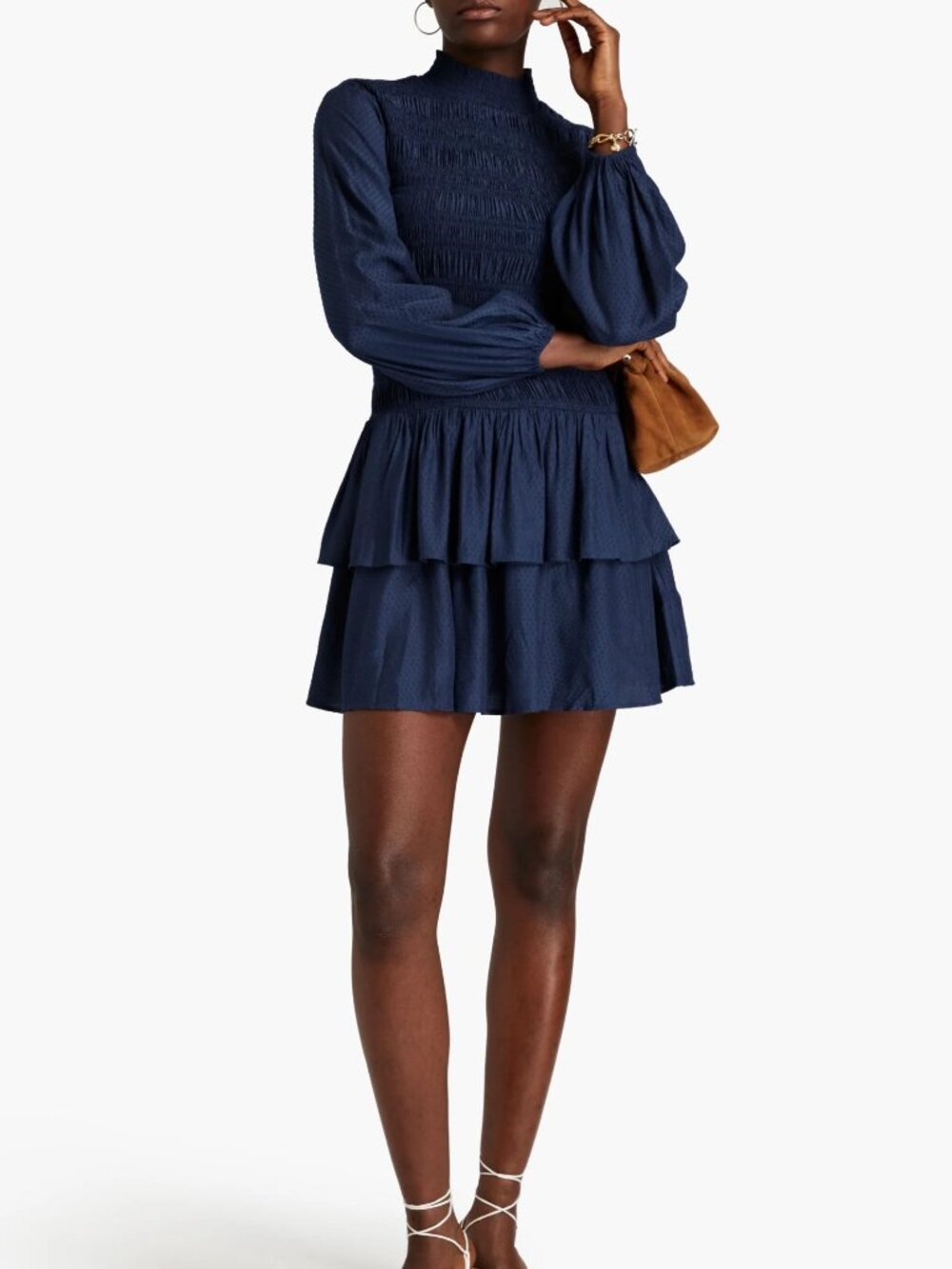 Maje Shirred Ruffled Swiss Dot Mini Dress